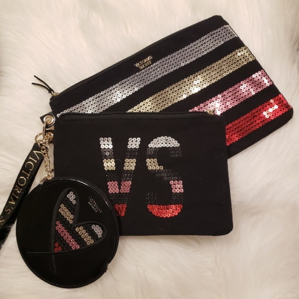 Victoria's Secret 3pc Sequin Makeup Bag Clutch Set